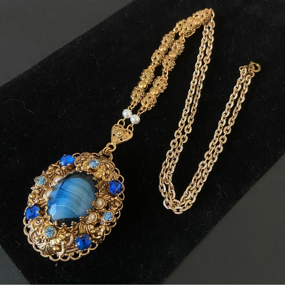 Vintage signed West Germany Blue glass cabochon filigree Necklace